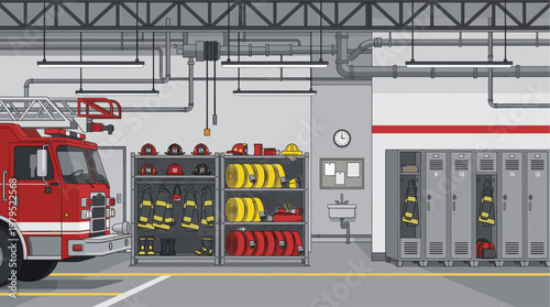 A clean, organized illustration of a fire station interior, featuring a red fire truck, equipment racks with helmets and hoses, and rows of lockers.