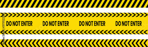 Industrial caution hazard stripes and warning yellow construction tape set on transparent background with do not enter text and black diagonal hazard safety lines.