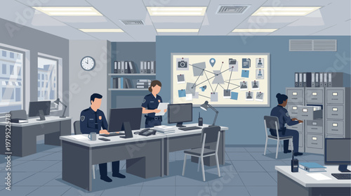 Detectives work in a police station analyzing a crime investigation board filled with photos, notes, and connections to solve a case.