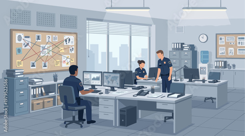 A modern police investigation office scene with detectives analyzing evidence on a corkboard and computers, suggesting teamwork and crime solving.