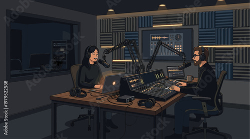 Two people wearing headphones are recording a podcast in a soundproof studio, sitting at a desk with microphones and a sound mixer.