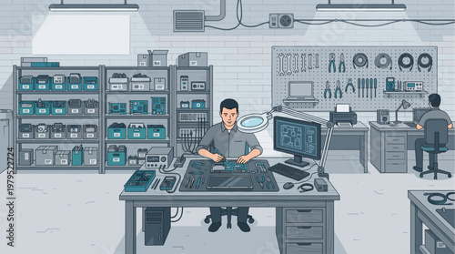 A man is soldering a circuit board in a well-organized workshop filled with tools, components, and equipment, suggesting repair and innovation.