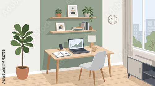A minimalist and bright home office setup featuring a wooden desk with a laptop, coffee, and notebook, complemented by plants and natural light from a large window.