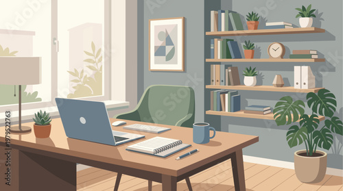 A clean, minimalist flat illustration of a modern home office setup featuring a wooden desk with a laptop, notebook, coffee mug, and desk lamp, complemented by bookshelves and potted plants.
