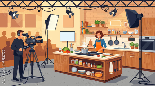 A film crew records a cheerful woman in an orange apron cooking in a modern kitchen studio, illuminated by professional lighting equipment.