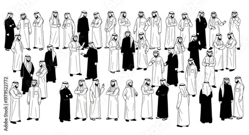 Group of men in traditional Arab clothing standing together.