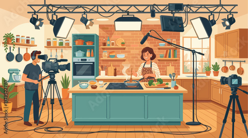 A friendly woman cooks in a brightly lit kitchen studio while a film crew records her for a cooking show, capturing a vibrant and creative atmosphere.