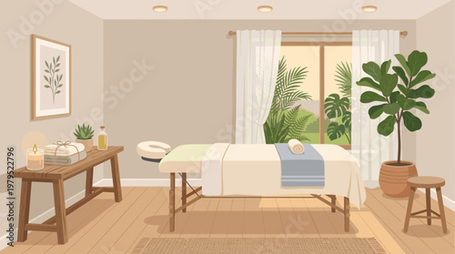 A peaceful massage room with a massage table, candle, oil, and plants, overlooking a lush green garden through the window.