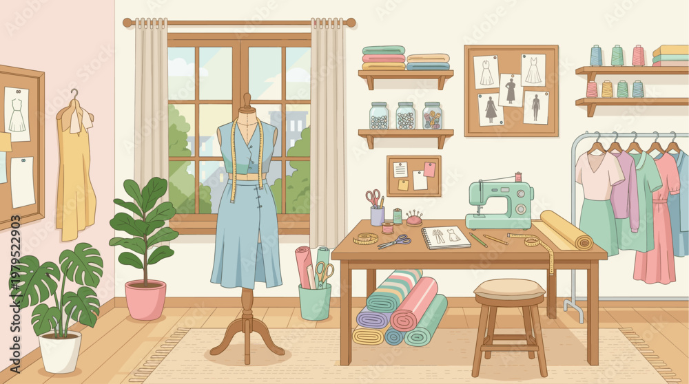 Fototapeta premium A charming and bright illustration of a sewing studio, complete with a dress form, sewing machine, fabric rolls, and colorful threads, evoking creativity and craftsmanship.