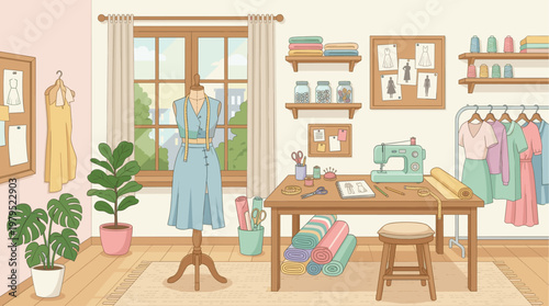 A charming and bright illustration of a sewing studio, complete with a dress form, sewing machine, fabric rolls, and colorful threads, evoking creativity and craftsmanship.