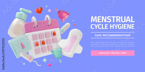 3d Menstrual Cycle Hygiene Save Recommendations Check Out Basic Steps Concept Ads Banner Poster Card Cartoon Design Style. Vector illustration