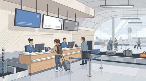 Illustration depicts a busy airport check-in area with passengers interacting with staff and baggage on a conveyor belt.