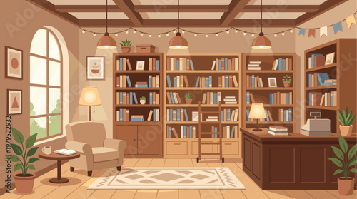 Warm light fills a charming bookstore with bookshelves, a comfortable armchair, a reading table, and a cash register, creating a welcoming atmosphere.