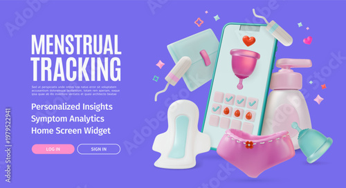3d Menstrual Tracking Personalized Insights Symptom Analytics Home Screen Widget Concept Ads Banner Poster Card Cartoon Design Style. Vector illustration