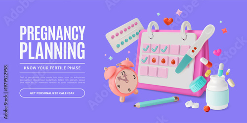3d Pregnancy Planning Know Your Fertile Phase Get Personalized Calendar Concept Ads Banner Poster Card Cartoon Design Style. Vector illustration