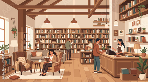 A warm and inviting illustration of diverse people enjoying books in a charming bookstore filled with shelves and comfortable seating.