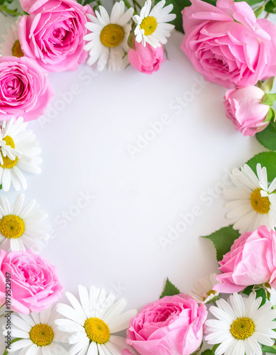 Elegant arrangement of blooming pink roses and white daisies forming a decorative frame. Romantic and celebratory mood