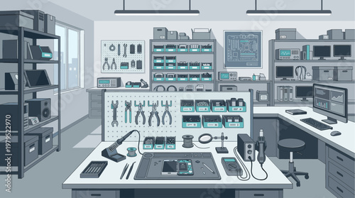A detailed illustration of an electronics repair workshop with tools, parts, computers, and a workbench displaying a phone under repair.