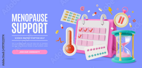 3d Menopause Support Science Backed Symptom Help Join Community Concept Ads Banner Poster Card Cartoon Design Style. Vector illustration