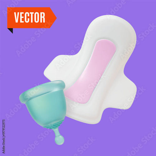 3d Color Women Health Concept Hygiene Pads and Menstrual Cup Set Cartoon Design Style. Vector illustration of Female Intimate Hygiene Sanitary Item