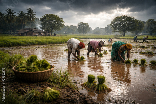 Farmers planting rice in flooded field
