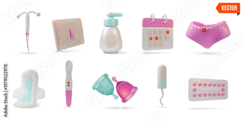 3d Colorful Women Health Element Set Concept Cartoon Design Style Include of Birth Control Pills, Contraceptive Spiral and Menstrual Cup. Vector illustration
