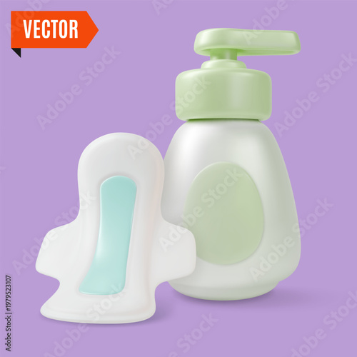 3d Color Women Health Concept Hygiene Pads and Daily Intimate Gel or Soap Liquid Bottle Dispenser Wash Set Cartoon Design Style. Vector illustration