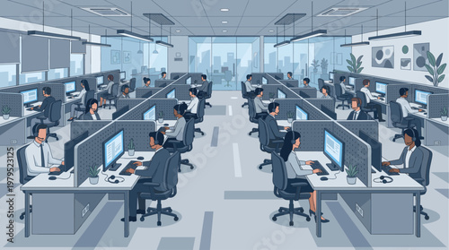 Diverse group of people working in a modern call center, focused and busy at their cubicle desks with computers and headsets, conveying efficiency and teamwork.