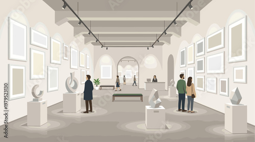 People admire sculptures and framed artwork in a modern art gallery with neutral tones and overhead lighting, showcasing a serene cultural experience.