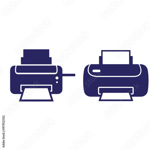 Dark blue printer two types, on white background, two printers inkjet printer