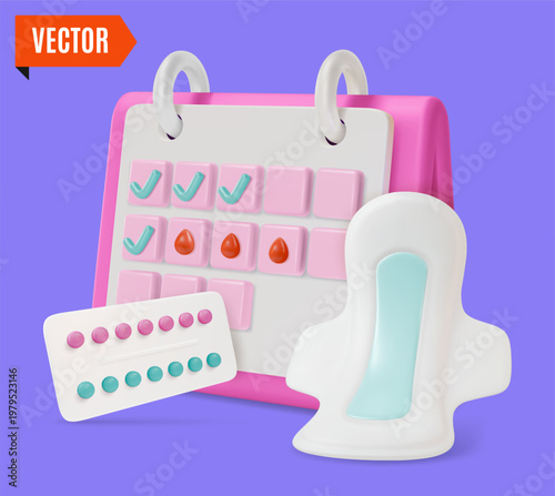 3d Color Women Health Concept Menstrual Cycle Female Calendar, Hygiene Pads and Birth Control Pills Set Cartoon Design Style. Vector illustration