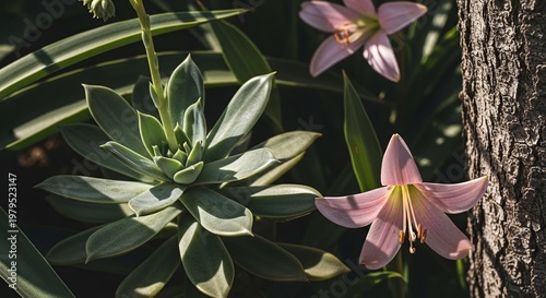 Succulent Plant and Pink Lily Flowers in Sunlight.