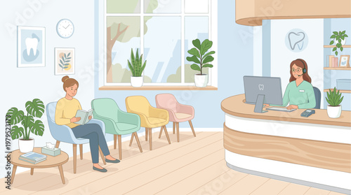A woman reads a book while waiting in a bright, modern dental clinic reception area attended by a friendly receptionist.