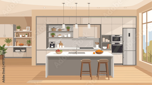 A clean, modern kitchen features an island with fruit, bar stools, sleek cabinets, and stainless steel appliances bathed in natural light from a large window.