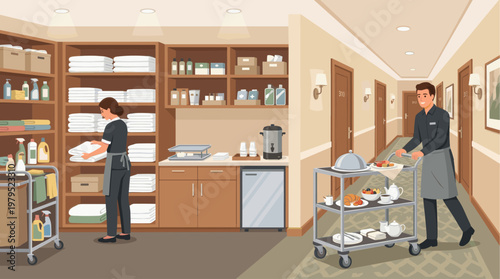 A hotel housekeeper organizes linens in a storage room while a bellhop delivers breakfast on a cart down a hallway with numbered doors.