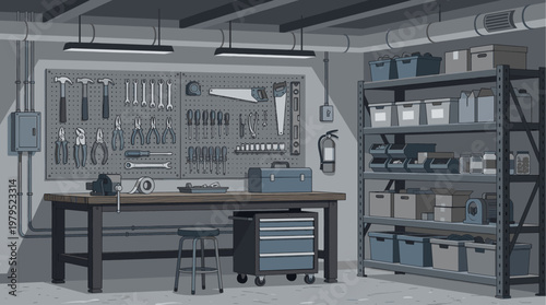 A neatly organized workshop interior with a workbench displaying tools, a pegboard for hanging instruments, and storage shelves filled with boxes and bins.