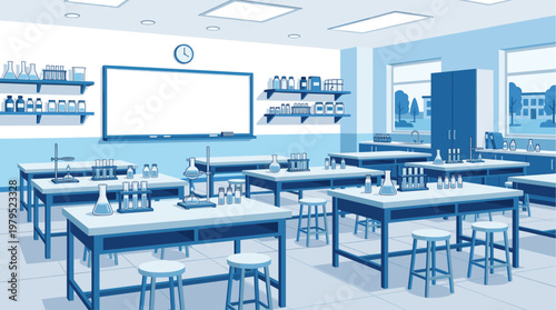 A clean and organized science laboratory classroom with rows of desks, stools, shelves stocked with beakers and test tubes, and a whiteboard ready for instruction.