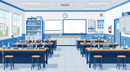 A clean, empty science laboratory classroom filled with microscopes, beakers, flasks, and Bunsen burners on wooden desks, ready for experimentation and learning.