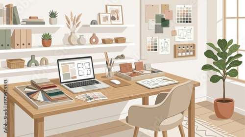 A stylish, modern interior designer's desk is filled with fabric swatches, color palettes, blueprints, and plants, creating a calm and creative atmosphere.