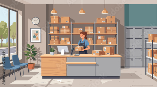 A smiling woman in an apron holds a box behind a counter filled with packages and a computer, in a brightly lit storage and logistics facility.