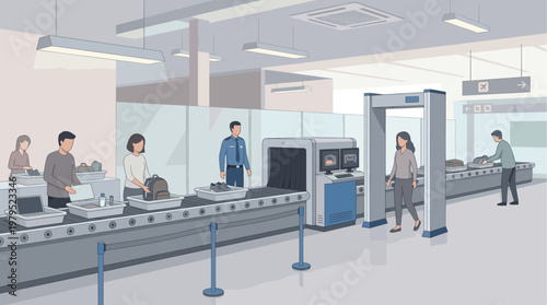 A modern airport security checkpoint with passengers and staff, conveyor belts, and X-ray machines, illustrating travel safety and procedures in a clean, stylized environment.