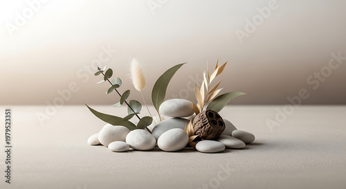 A serene arrangement of white stones and dried plants on a neutral background