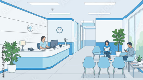 A bright and clean illustration of a medical reception area with a receptionist at a desk, patients waiting in chairs, and plants for decoration.
