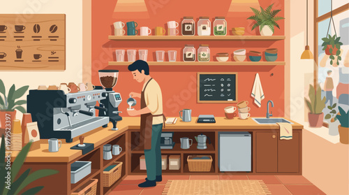 A friendly barista prepares a latte in a cozy coffee shop with warm lighting and shelves stocked with jars and cups.