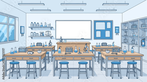 A bright and clean illustrated science classroom with rows of empty desks, lab equipment, and a whiteboard, ready for learning.