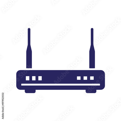 Dark blue router with two antennas, white background, wireless router internet router network router