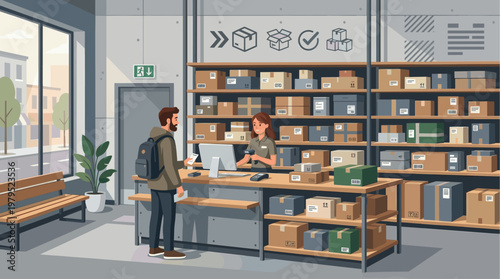 A man with a backpack talks to a smiling female postal worker at a counter in a warehouse filled with shelves of boxes.