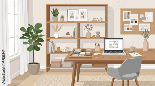 A stylish, modern home office with a desk, laptop displaying floor plans, and material samples, suggesting a creative workspace.