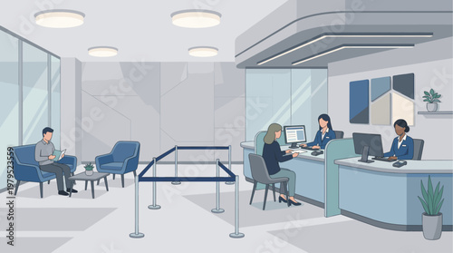 A modern bank lobby with waiting area, service counter, and customers interacting with tellers, conveying professional financial services and customer care.