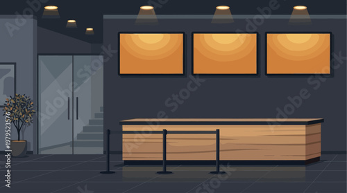 A minimalist, modern lobby interior featuring a sleek wooden reception desk, empty screens, and a potted plant, creating a clean and professional atmosphere.